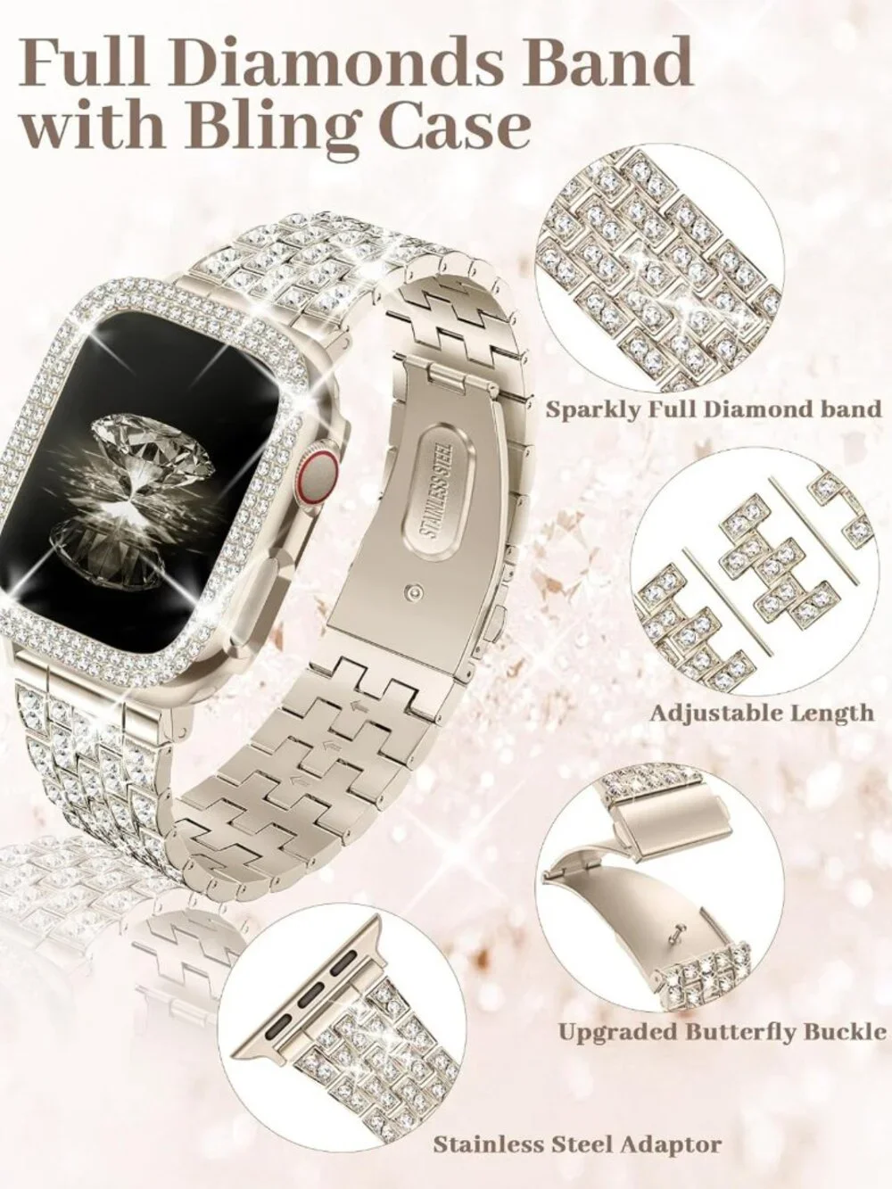 Luxury Diamond Bling Bands for Apple Watch 38mm-49mm, Metal Bracelet Strap